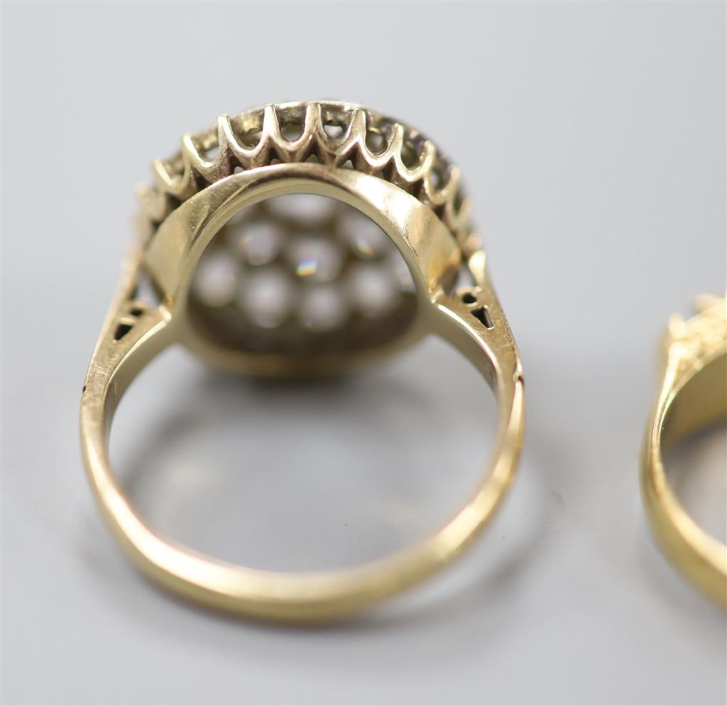 A late Victorian 18ct gold, sapphire and white paste set half hoop ring & a 9ct paste set ring.